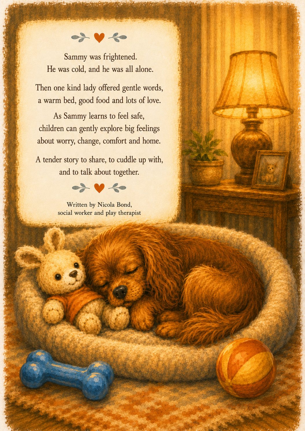 Back cover of Sammy the Spaniel showing Sammy asleep in his bed