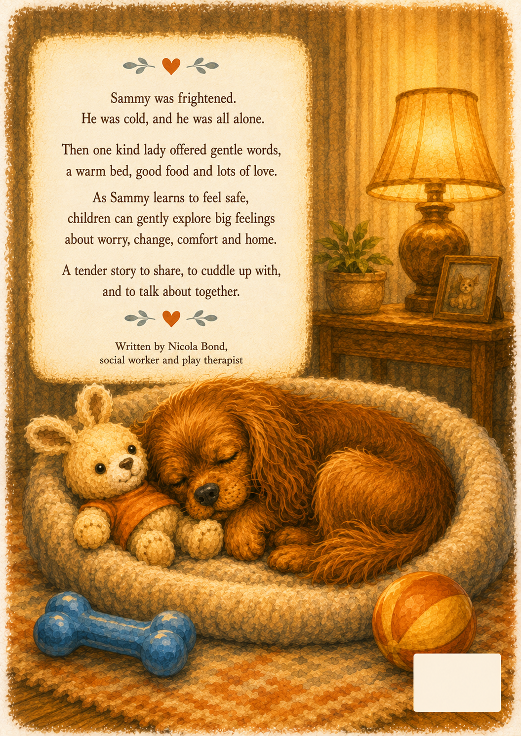 Back cover of Sammy the Spaniel showing Sammy asleep in his bed