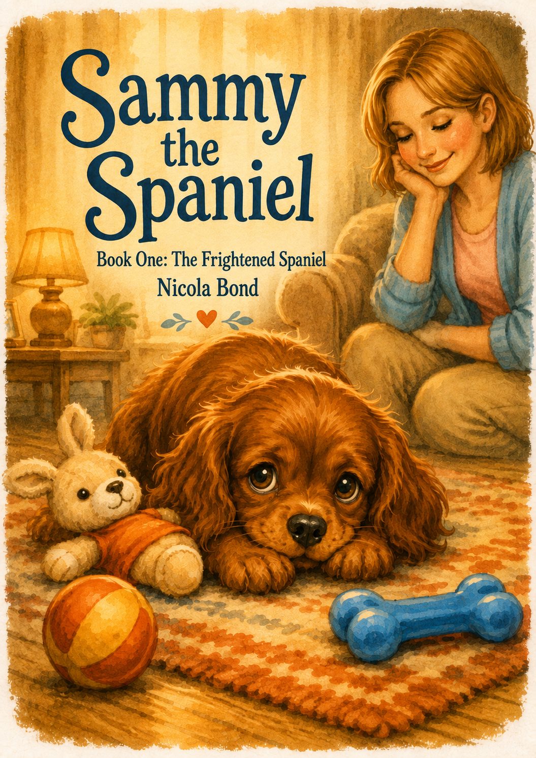 Sammy the Spaniel, Book One: The Frightened Spaniel. Cover showing a small ruby spaniel resting on a rug beside a kind lady