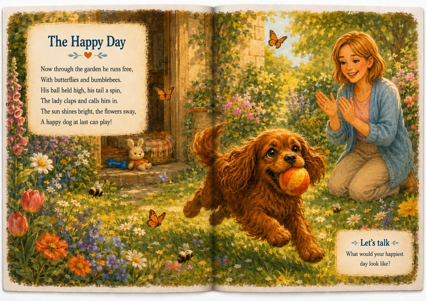 The Happy Day: Sammy runs through a flower garden with his ball